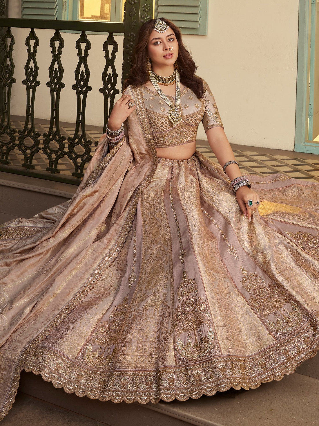 Impressive Peach Khatli Work Banarasi Silk Reception Wear Lehenga Choli