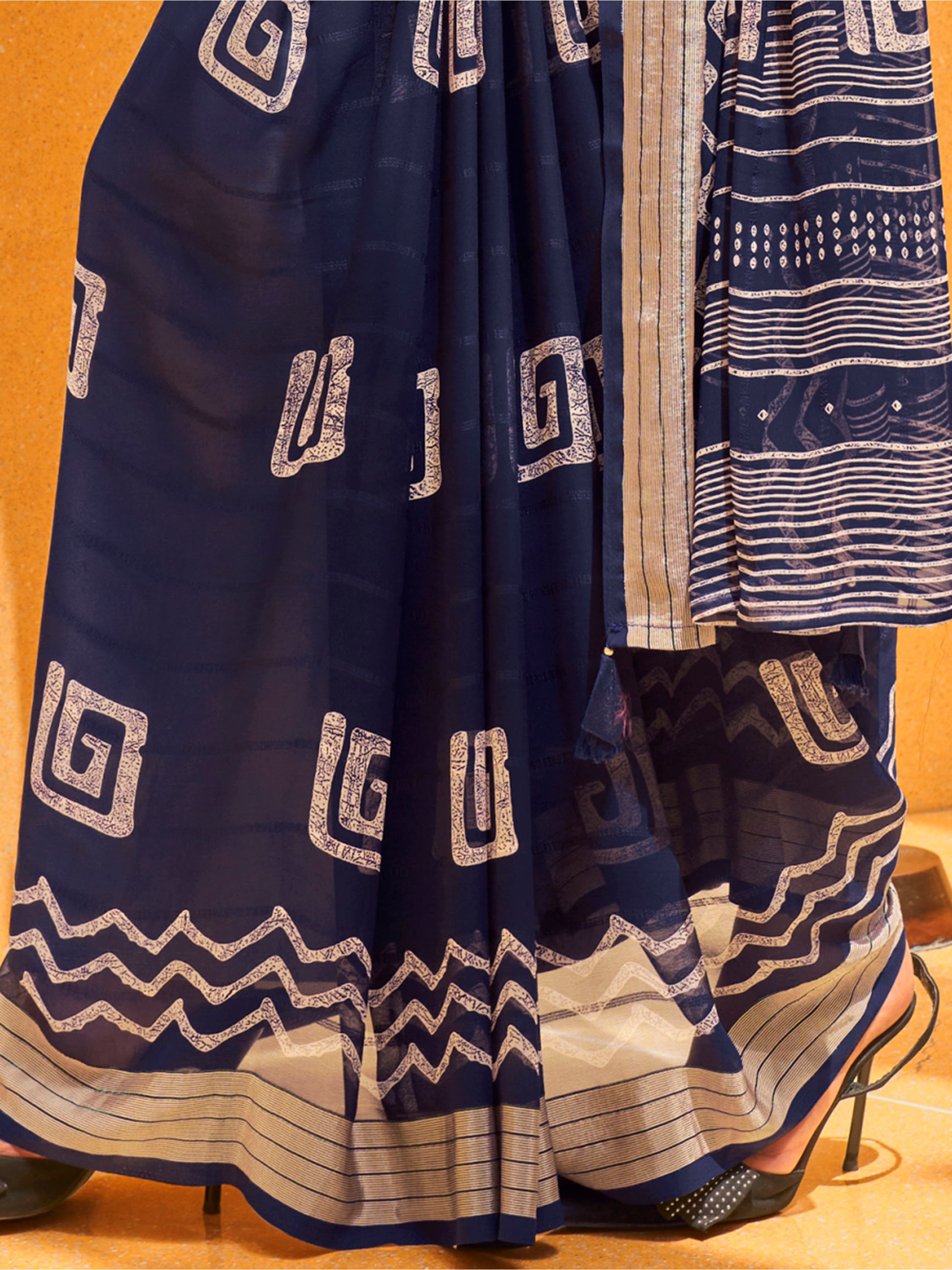 Charming Navy Blue Foil Printed Georgette Event Wear Saree