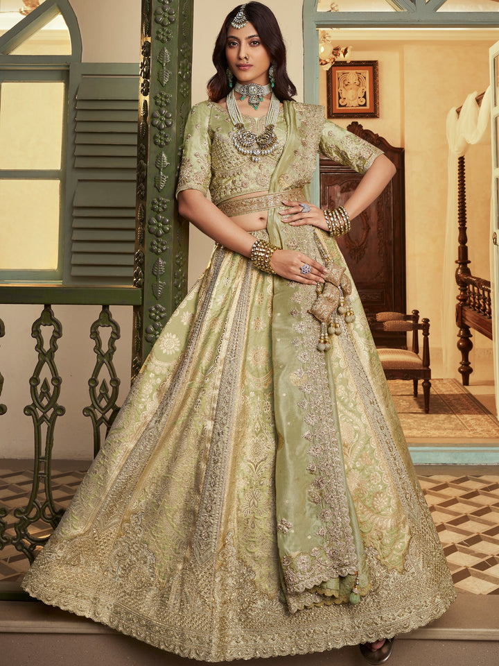 Rich Pista Green Heavy Embroidery Banarasi Silk Wedding Wear Lehenga With Blouse