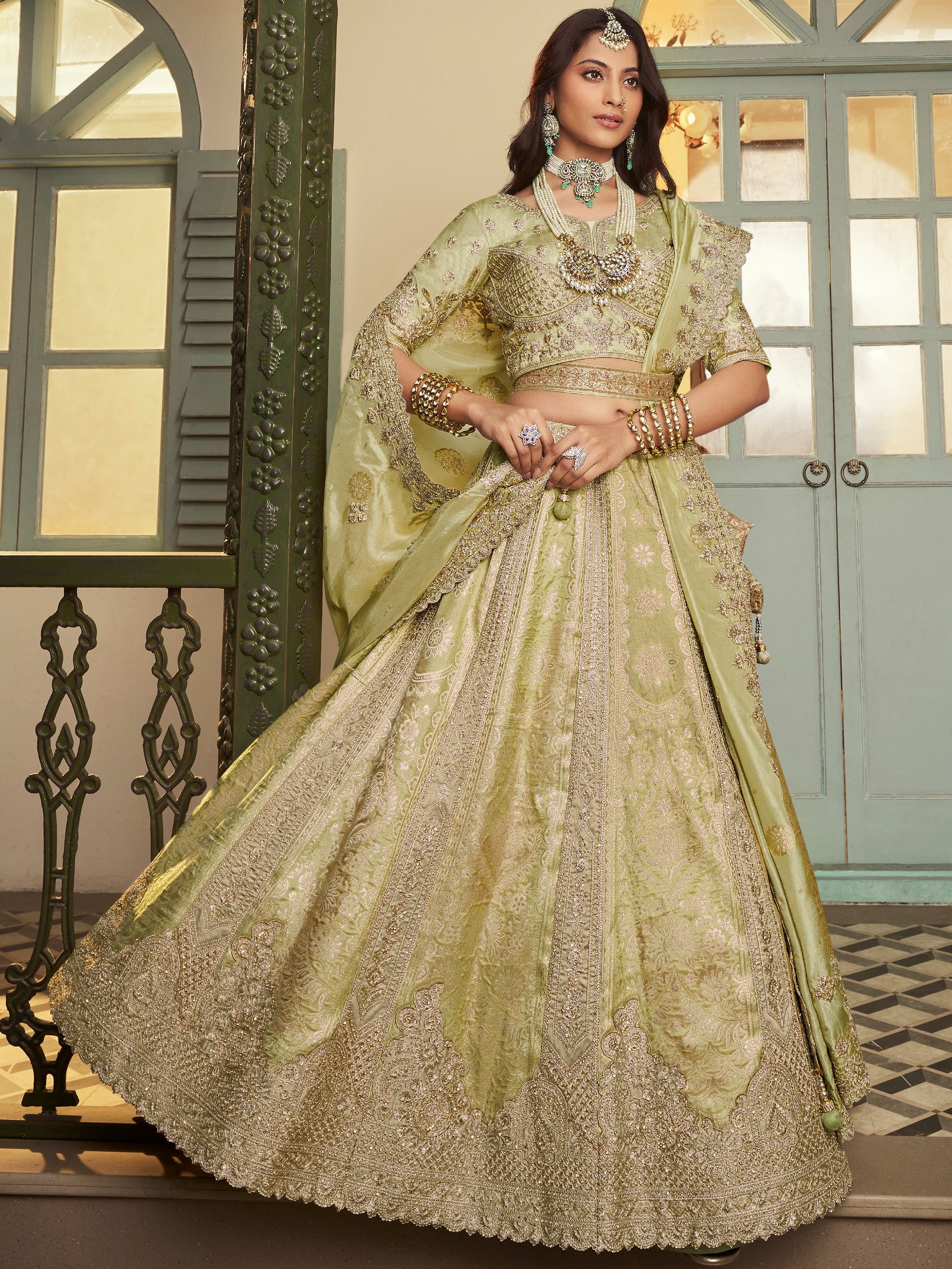 Rich Pista Green Heavy Embroidery Banarasi Silk Wedding Wear Lehenga With Blouse