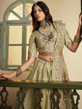 Rich Pista Green Heavy Embroidery Banarasi Silk Wedding Wear Lehenga With Blouse