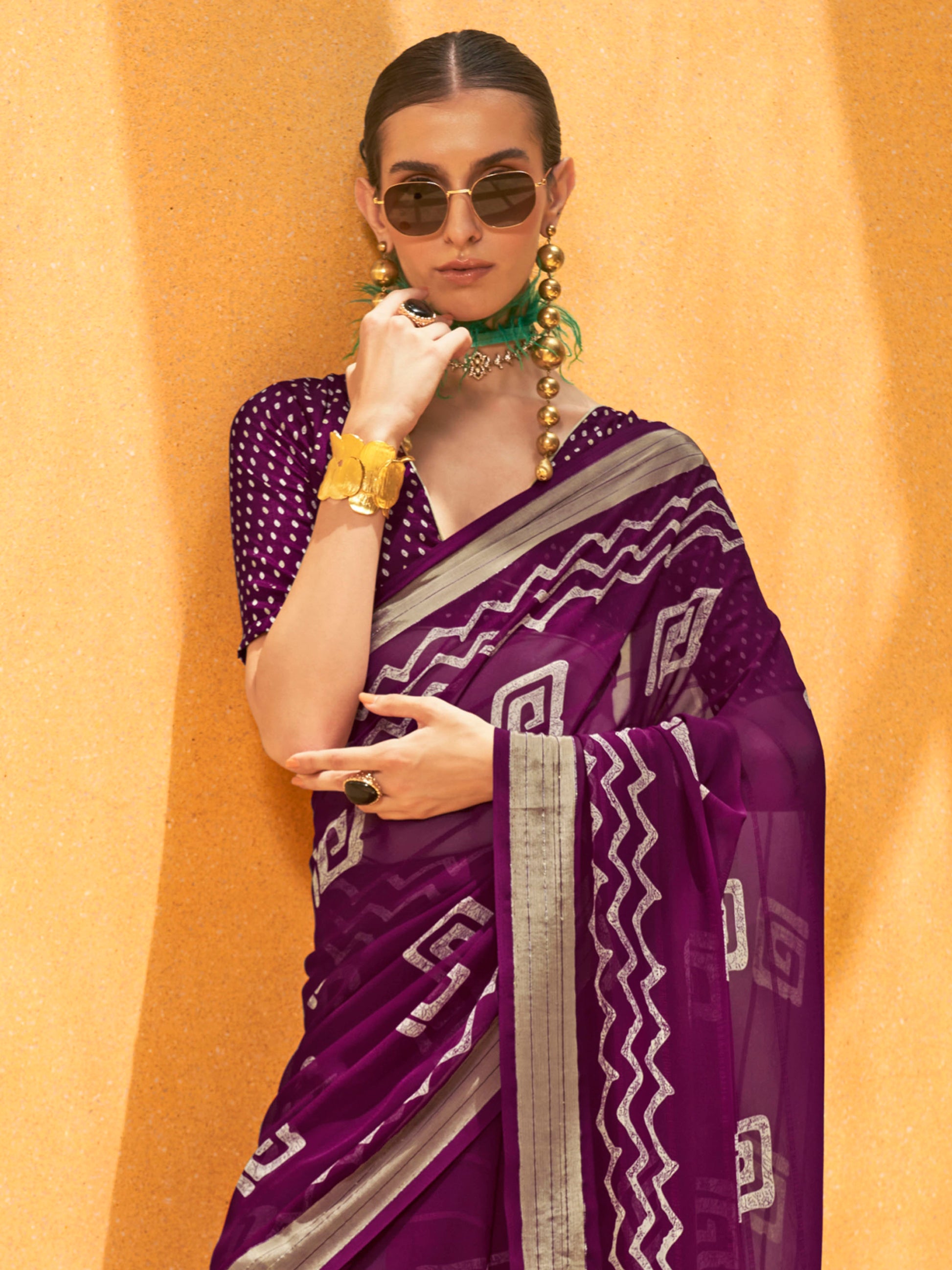 Precious Purple Foil Printed Georgette Function Wear Saree With Blouse