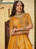 Grand Mustard Yellow Sequins Embroidery Banarasi Silk Haldi Wear Lehenga Choli