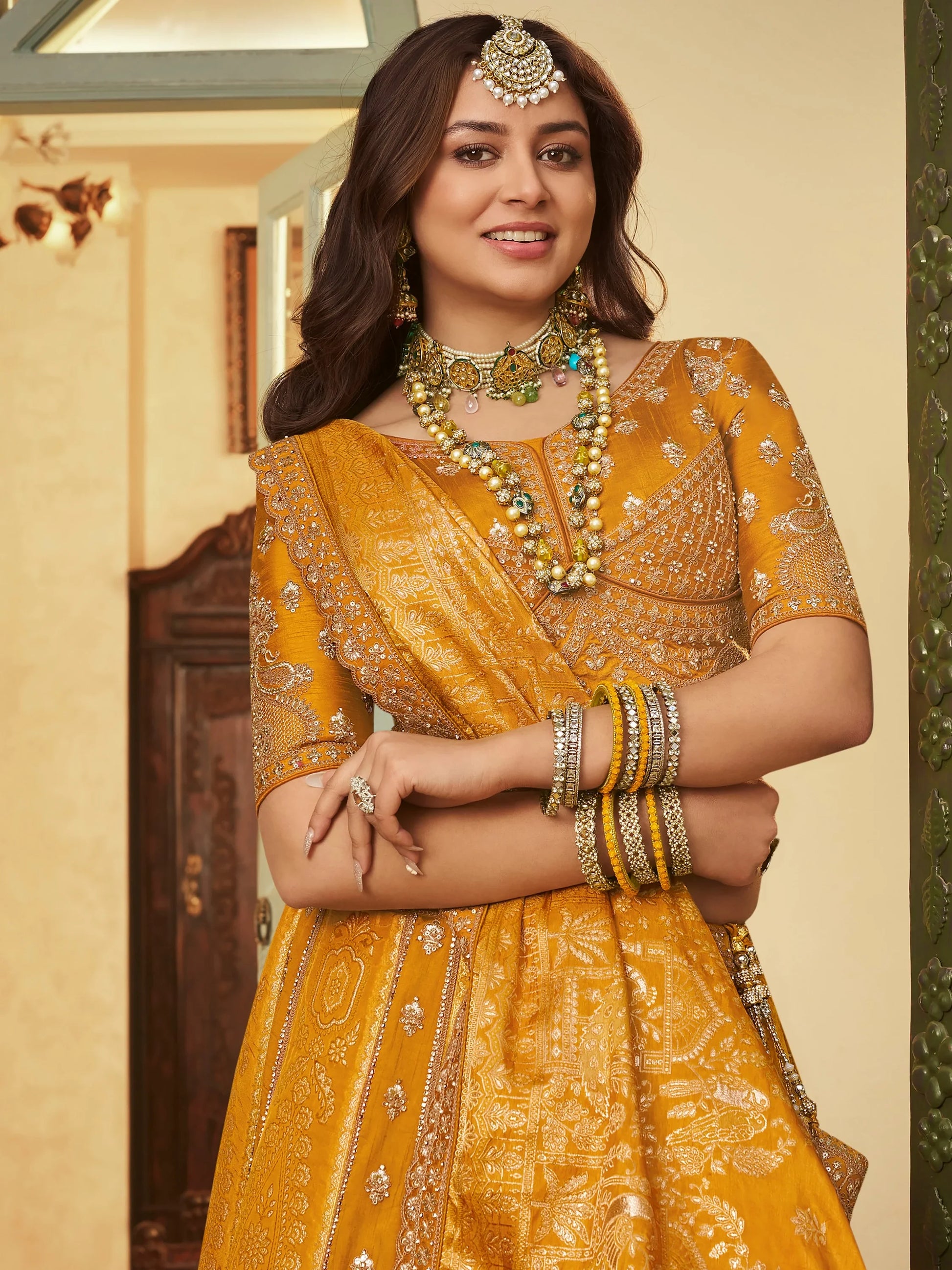 Grand Mustard Yellow Sequins Embroidery Banarasi Silk Haldi Wear Lehenga Choli