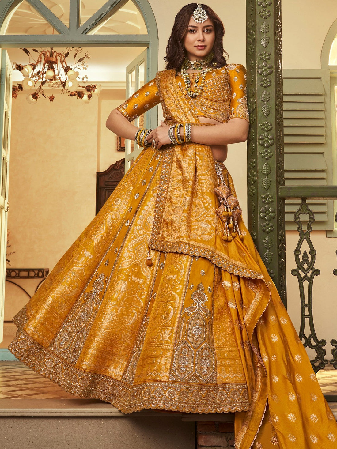 Grand Mustard Yellow Sequins Embroidery Banarasi Silk Haldi Wear Lehenga Choli