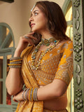 Grand Mustard Yellow Sequins Embroidery Banarasi Silk Haldi Wear Lehenga Choli