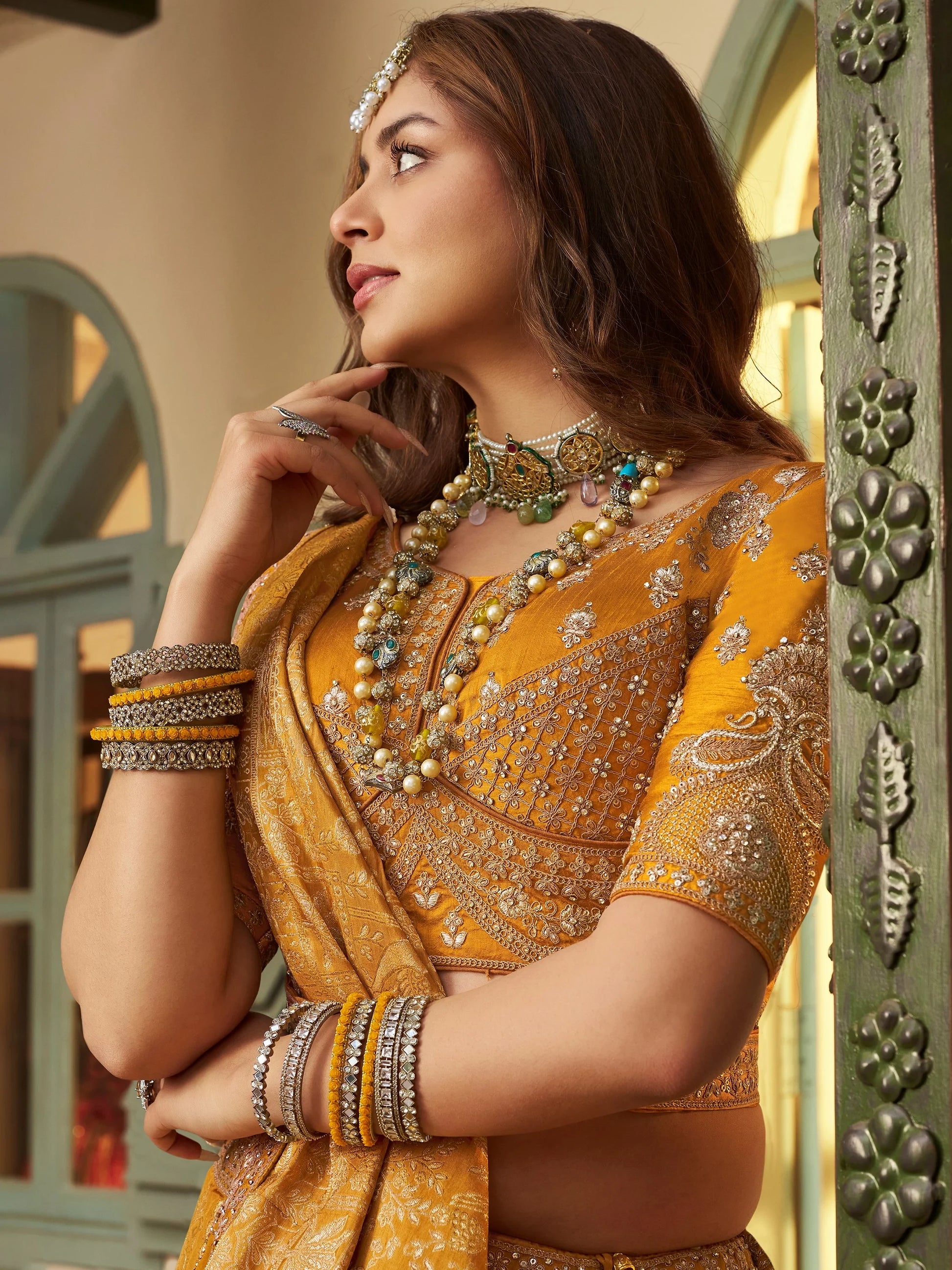 Grand Mustard Yellow Sequins Embroidery Banarasi Silk Haldi Wear Lehenga Choli