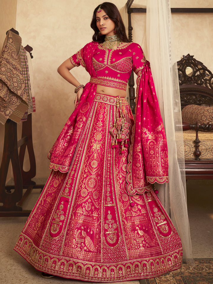 Majestic Rani Pink Swarovski Work Banarasi Silk Engagement Wear Lehenga Choli