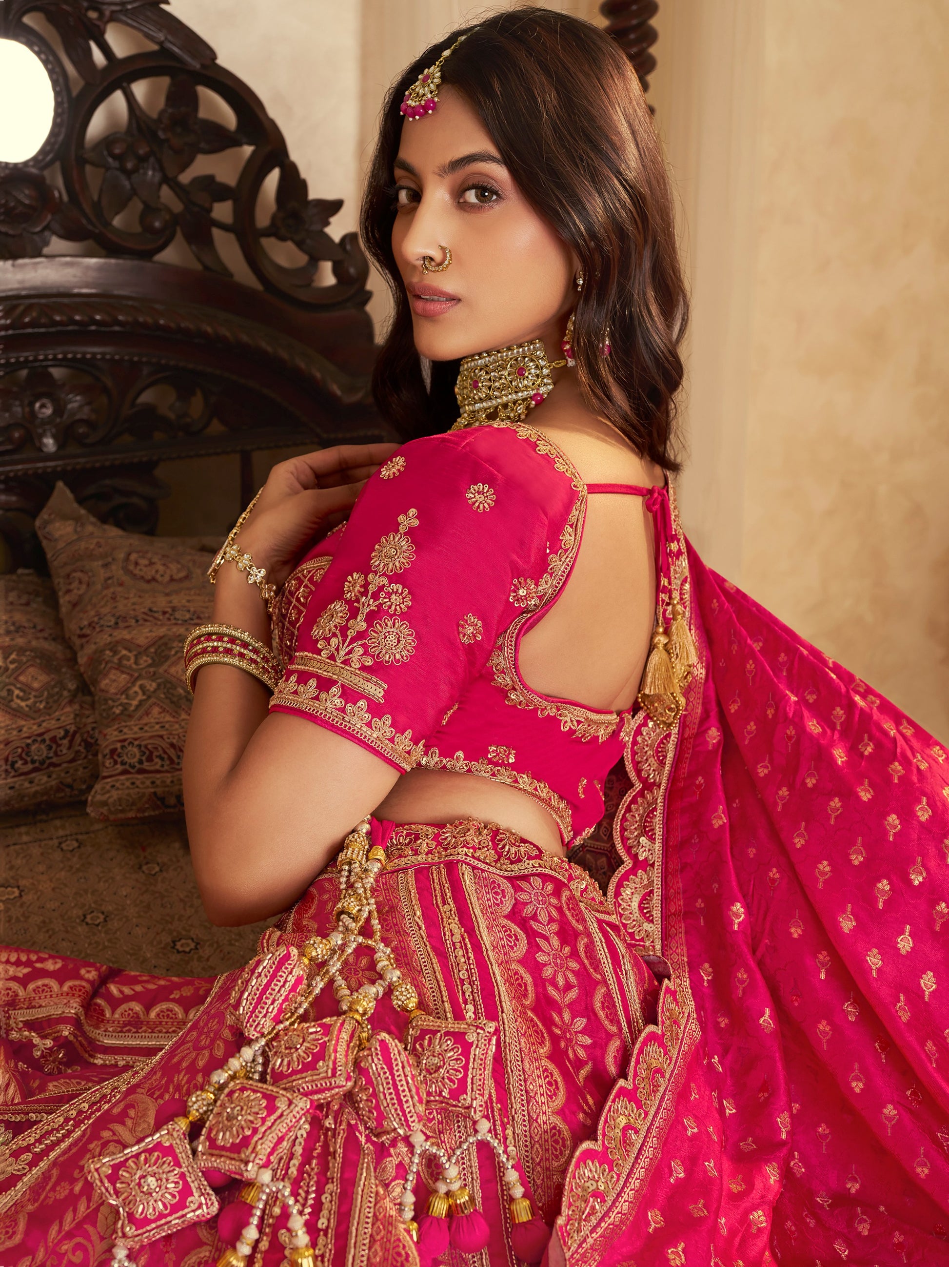 Majestic Rani Pink Swarovski Work Banarasi Silk Engagement Wear Lehenga Choli
