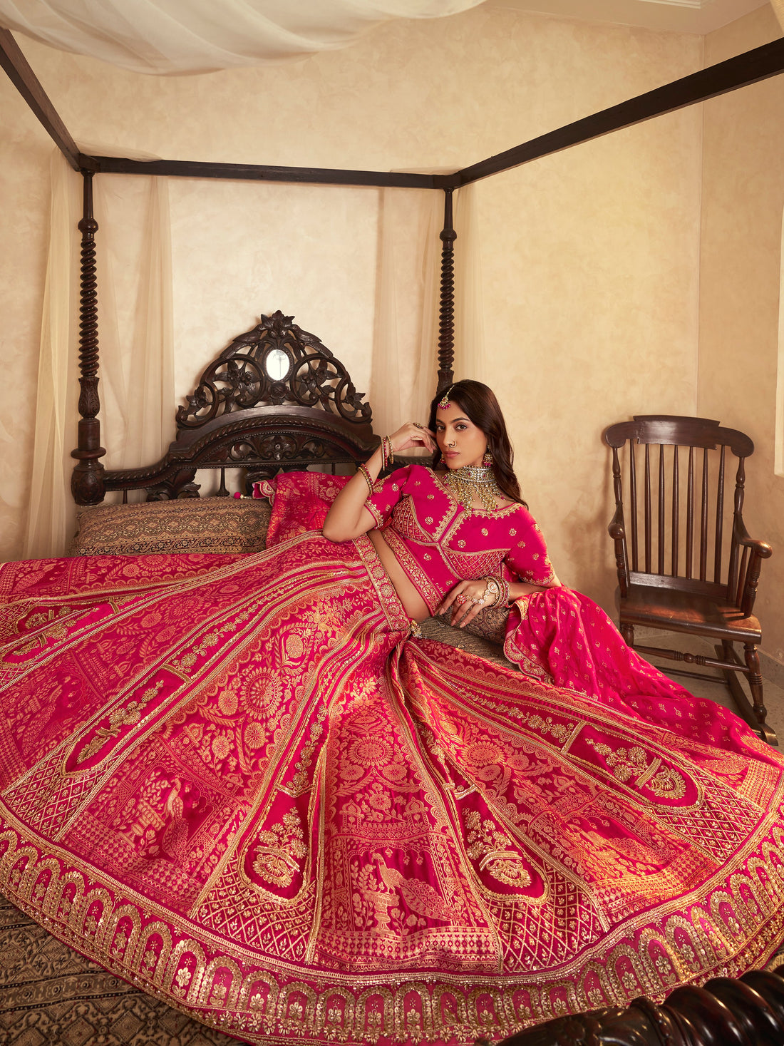 Majestic Rani Pink Swarovski Work Banarasi Silk Engagement Wear Lehenga Choli