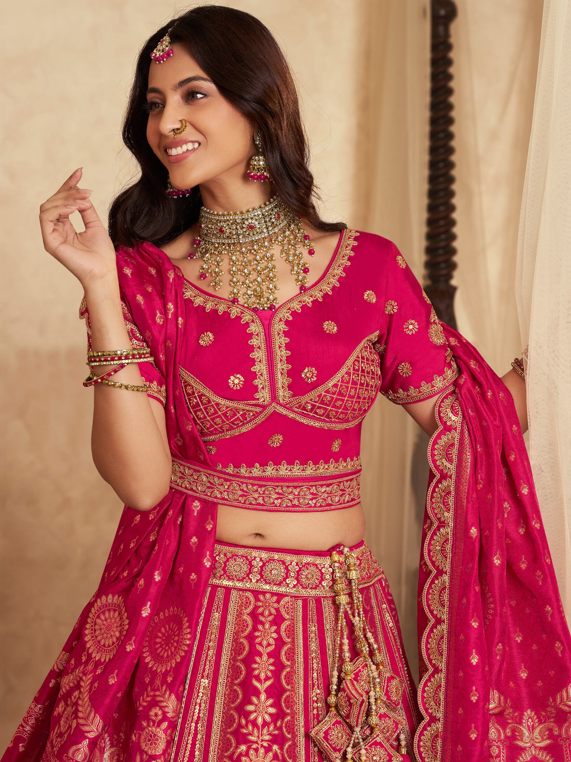 Majestic Rani Pink Swarovski Work Banarasi Silk Engagement Wear Lehenga Choli