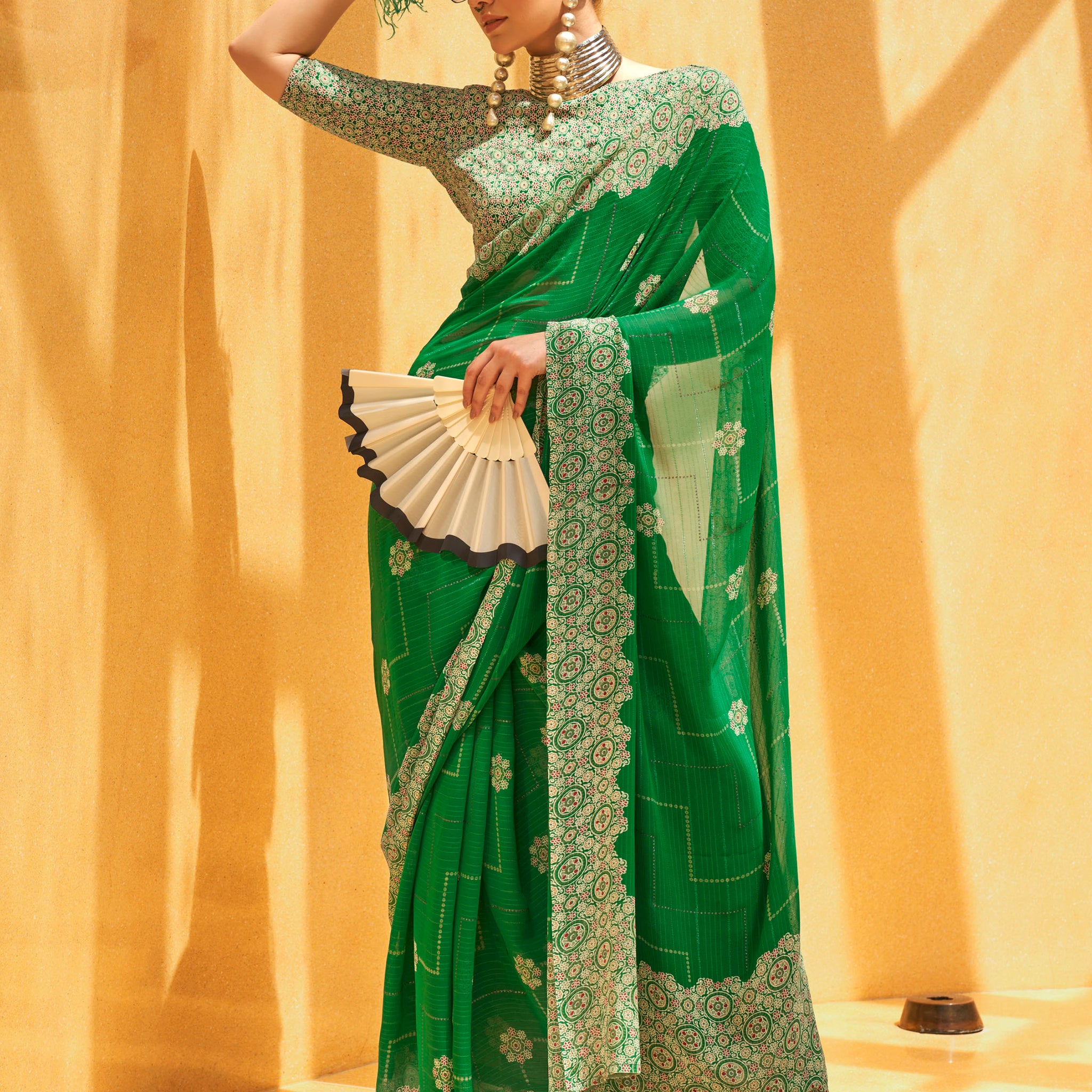 Gorgeous Green Foil Printed Georgette Mehendi Wear Saree With Blouse