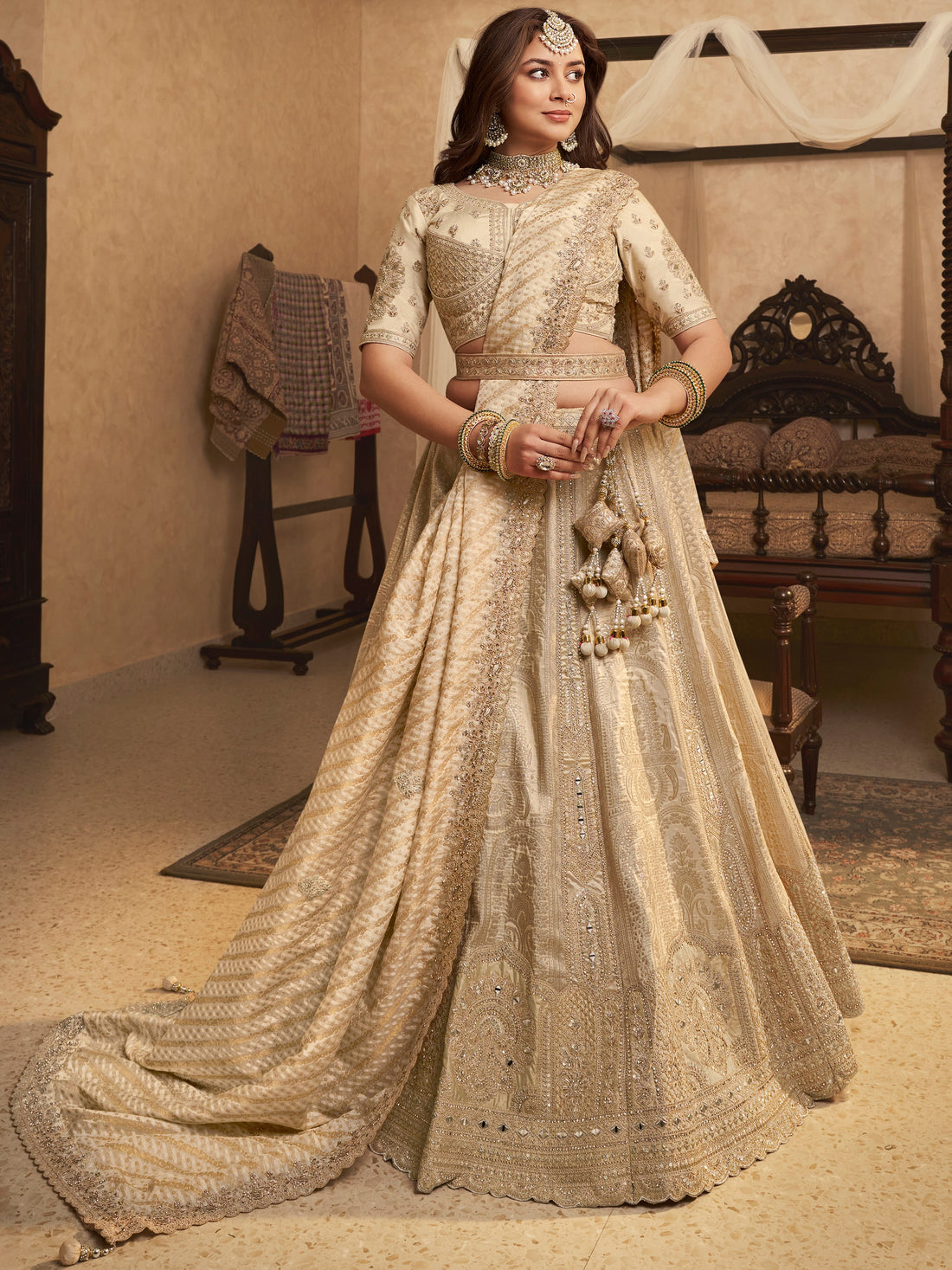 Notable Beige Zari Weaving Banarasi Silk Wedding Wear Lehenga Choli