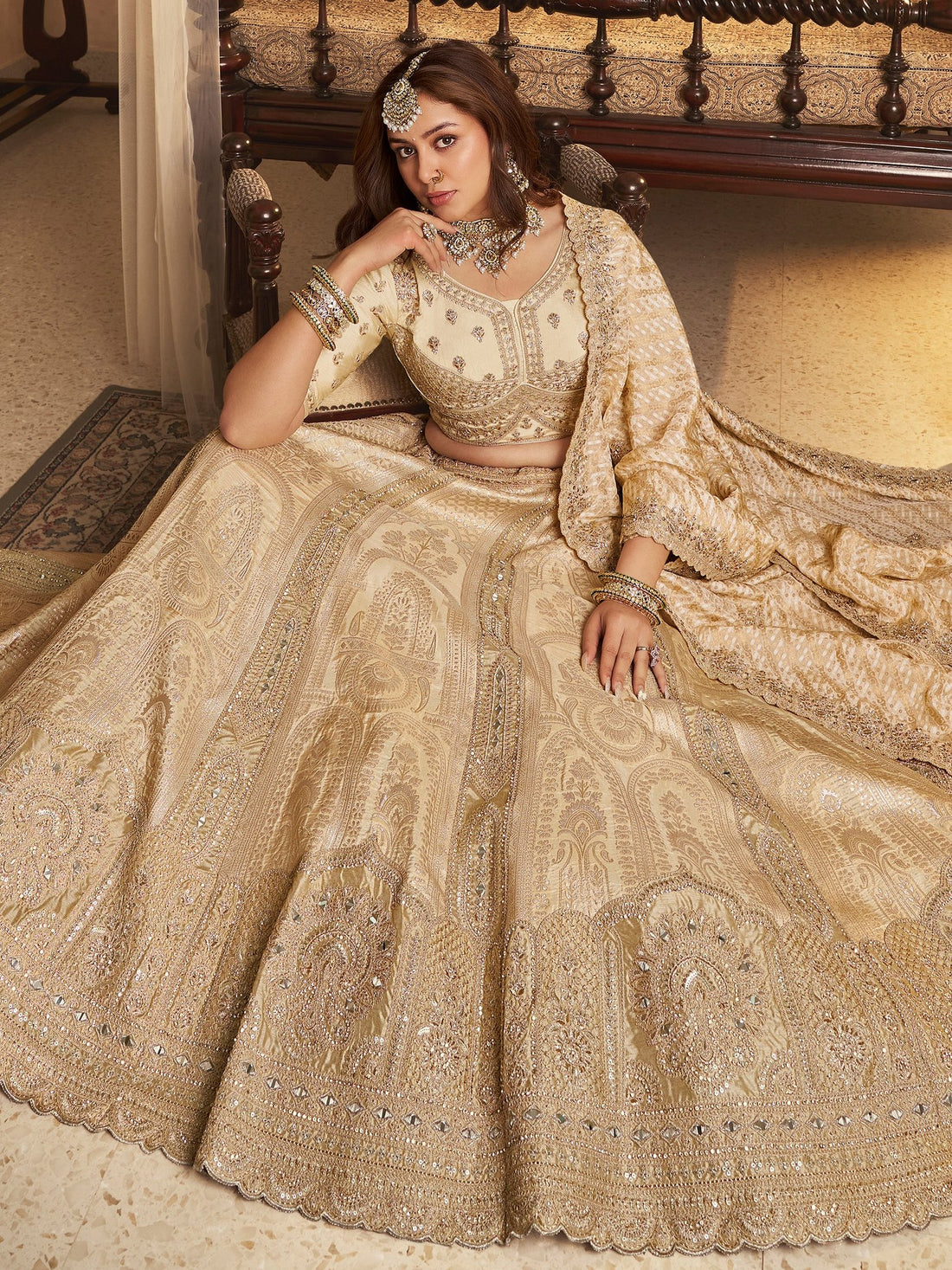 Notable Beige Zari Weaving Banarasi Silk Wedding Wear Lehenga Choli