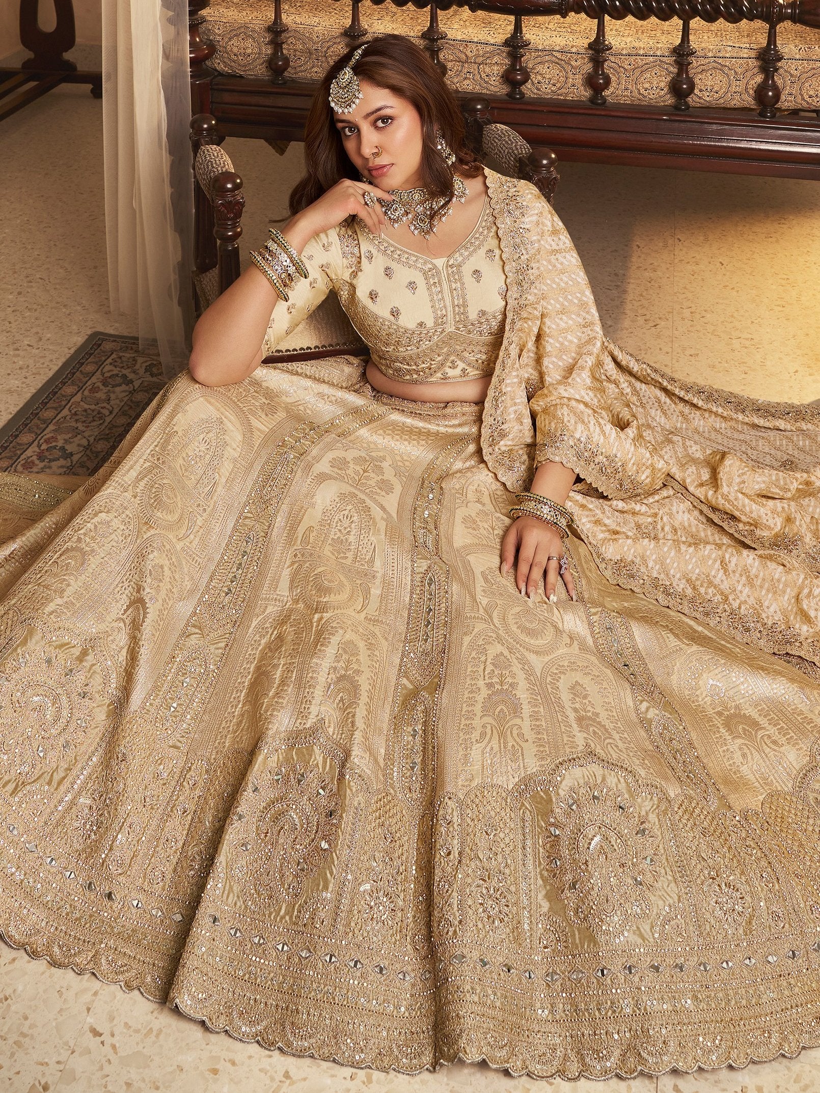 Notable Beige Zari Weaving Banarasi Silk Wedding Wear Lehenga Choli