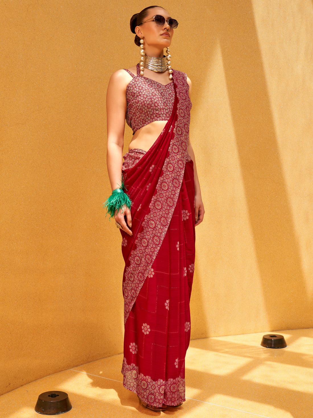 Stunning Pink Foil Printed Georgette Wedding Saree With Blouse