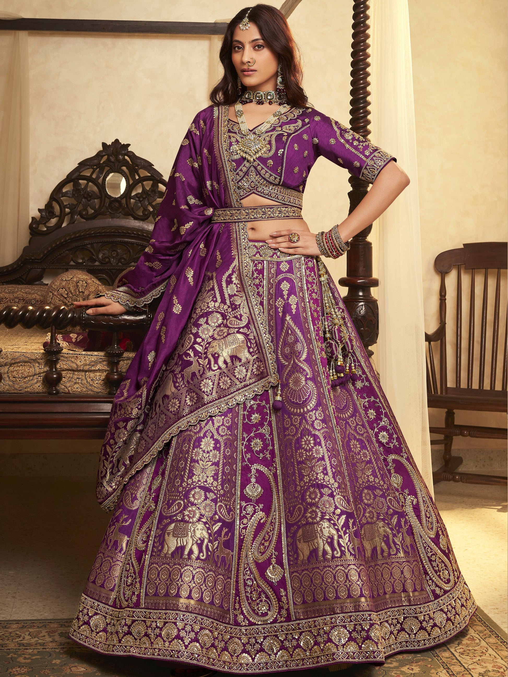 Awesome Purple Embroidered Banarasi Silk Reception Wear Lehenga Choli With Dupatta
