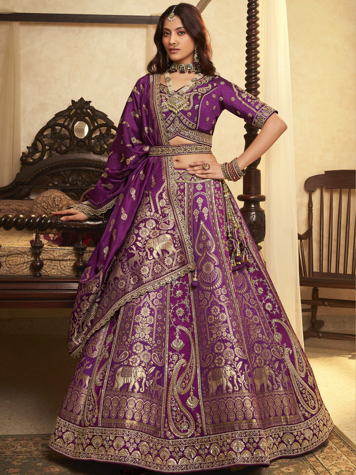 Awesome Purple Embroidered Banarasi Silk Reception Wear Lehenga Choli With Dupatta