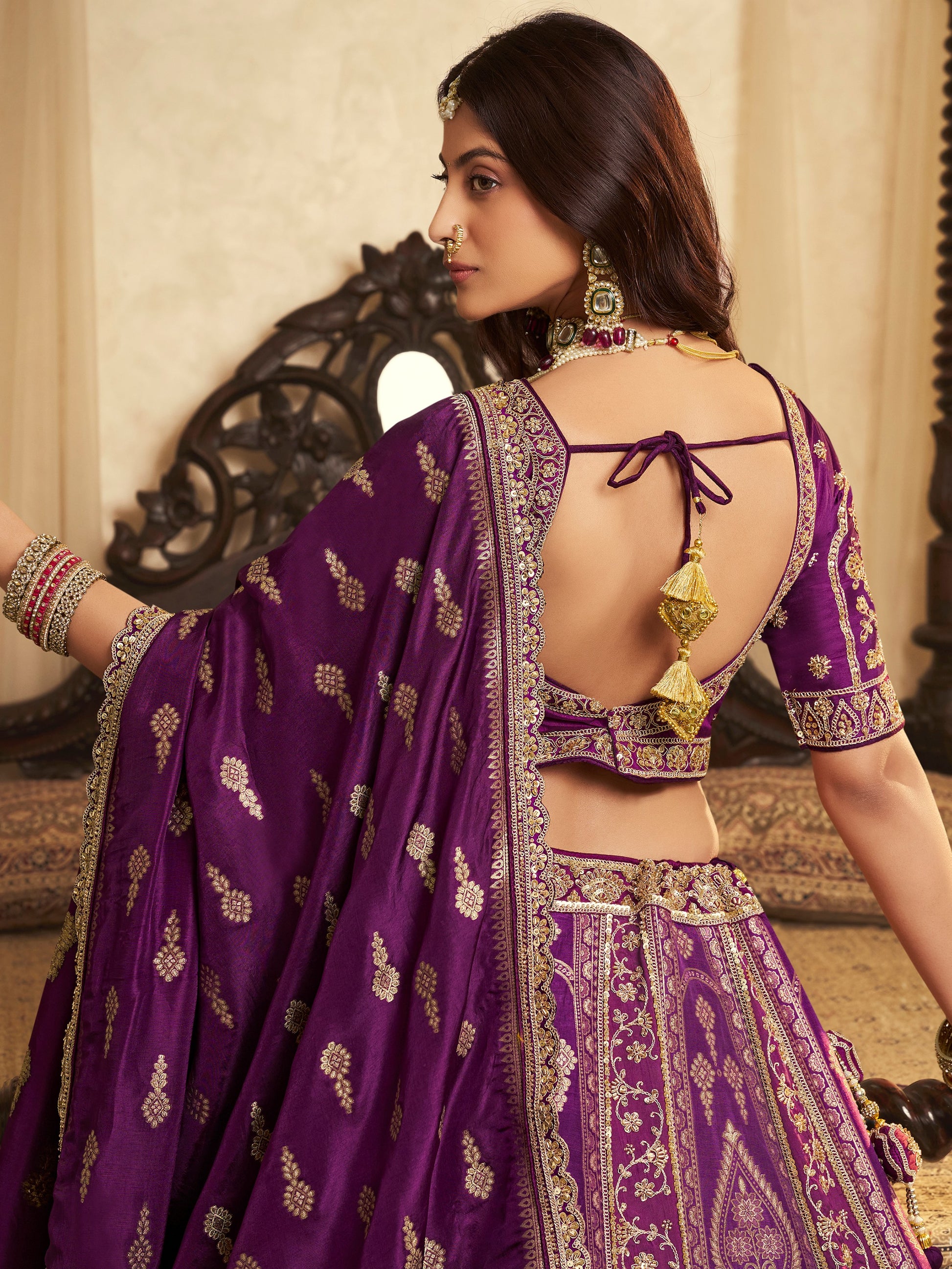 Awesome Purple Embroidered Banarasi Silk Reception Wear Lehenga Choli With Dupatta