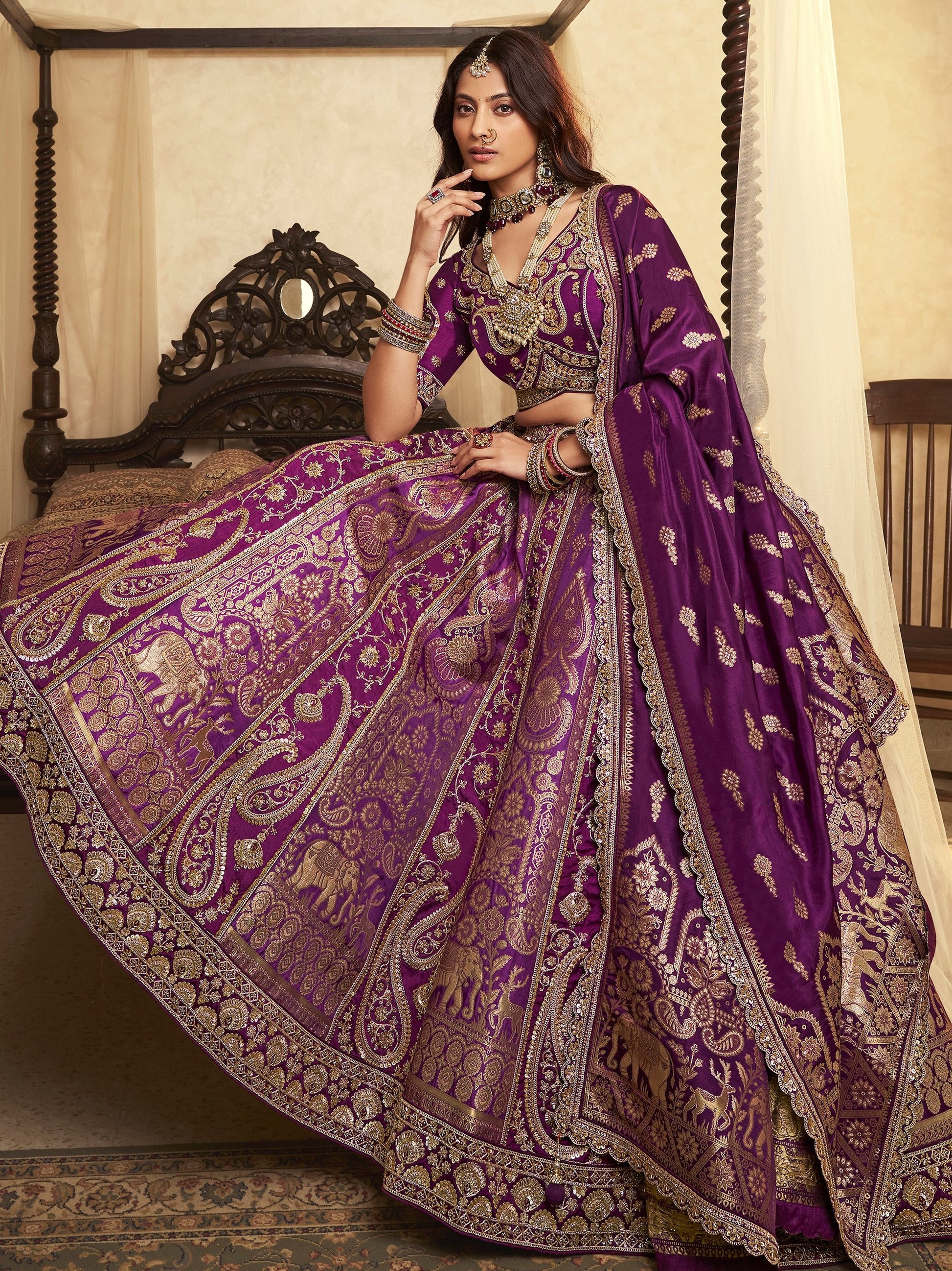 Awesome Purple Embroidered Banarasi Silk Reception Wear Lehenga Choli With Dupatta