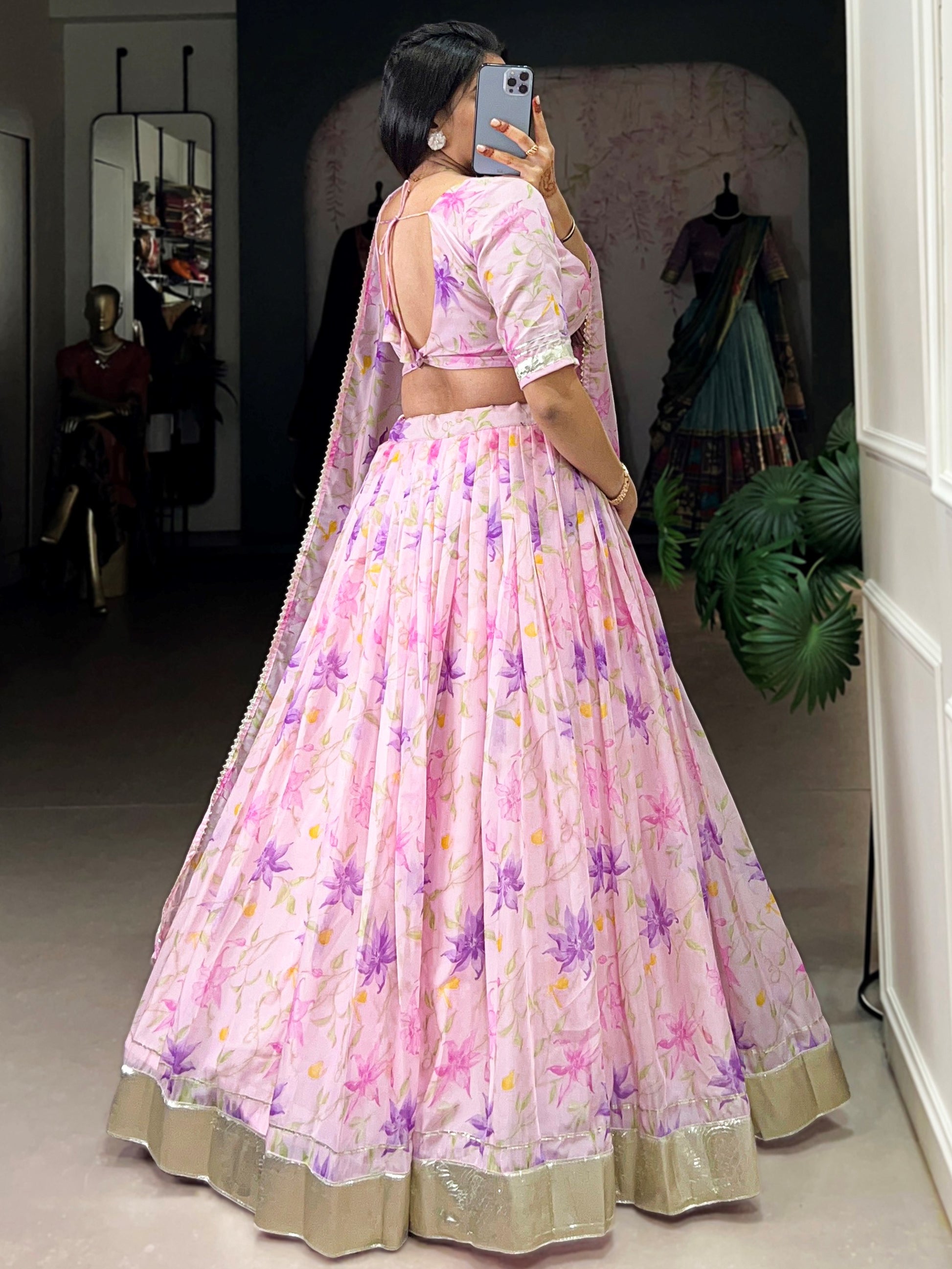 Classy Purple Floral Printed Silk Evening Wear Lehenga Choli With Dupatta