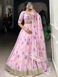 Classy Purple Floral Printed Silk Evening Wear Lehenga Choli With Dupatta