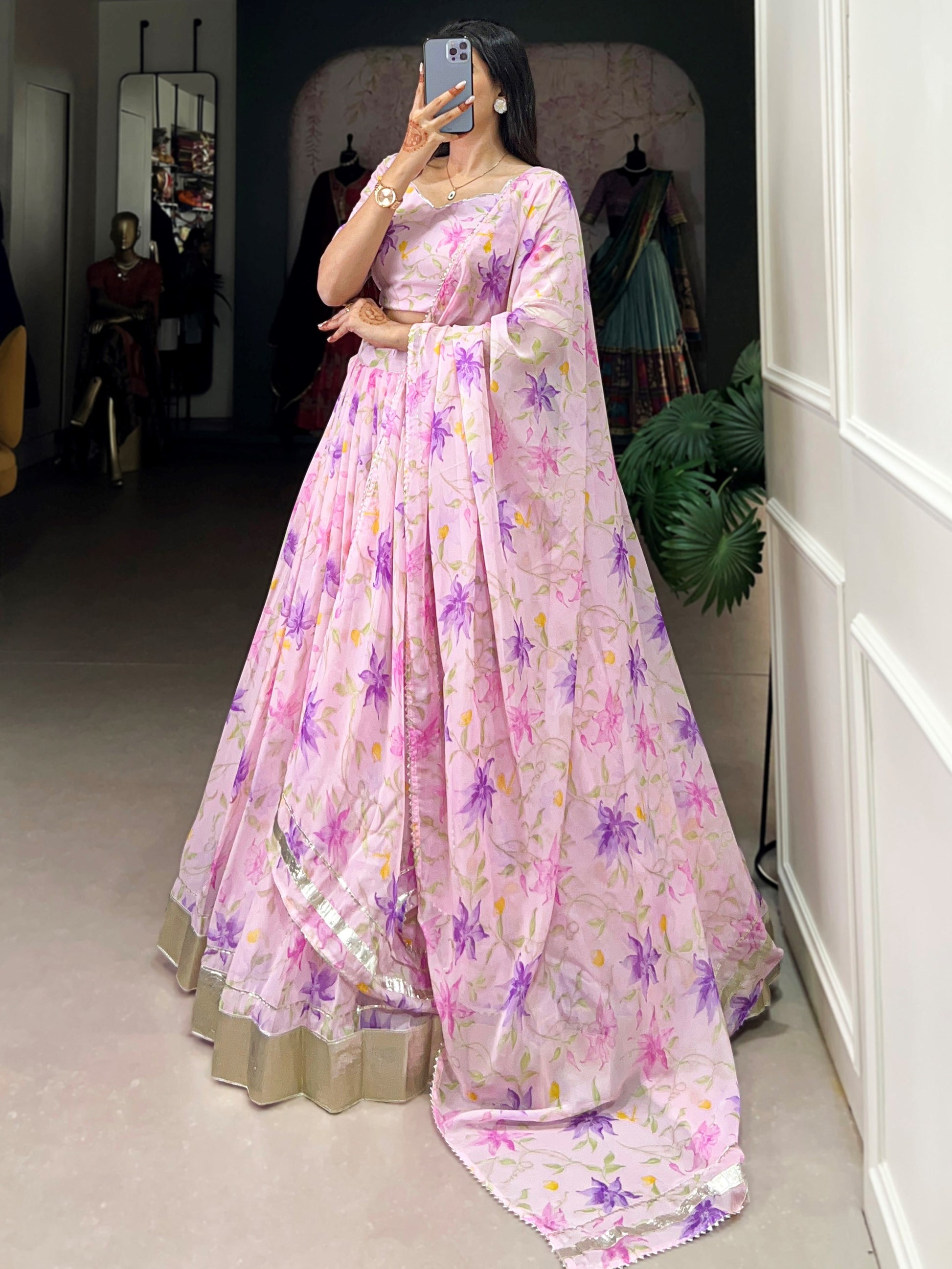 Classy Purple Floral Printed Silk Evening Wear Lehenga Choli With Dupatta