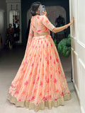 Outstanding Peach Floral Printed Silk Bridesmaid Lehenga Choli With Dupatta