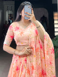 Outstanding Peach Floral Printed Silk Bridesmaid Lehenga Choli With Dupatta