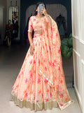 Outstanding Peach Floral Printed Silk Bridesmaid Lehenga Choli With Dupatta