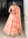 Outstanding Peach Floral Printed Silk Bridesmaid Lehenga Choli With Dupatta