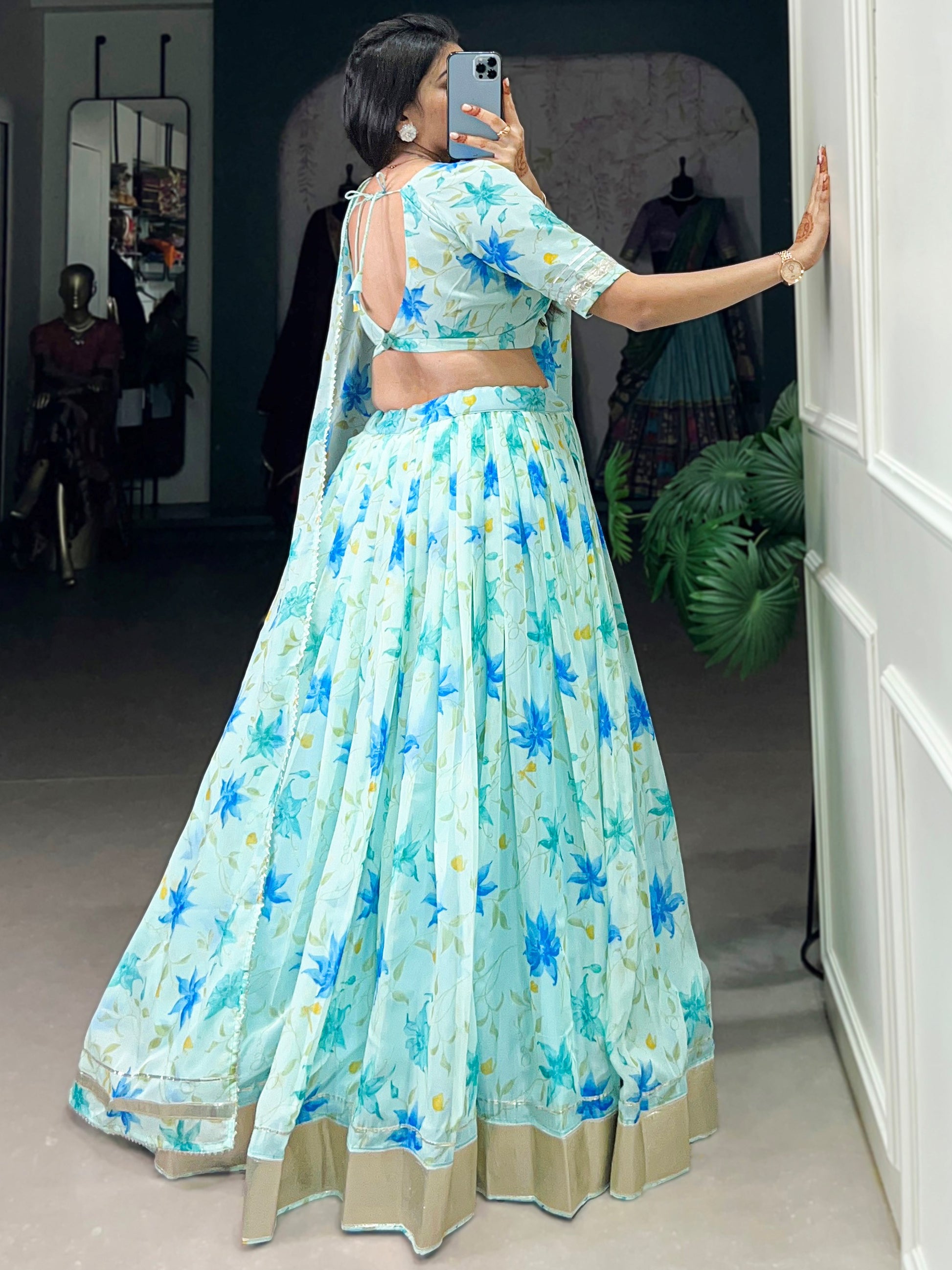 Fantastic Sky Blue Floral Printed Silk Traditional Lehenga Choli With Dupatta