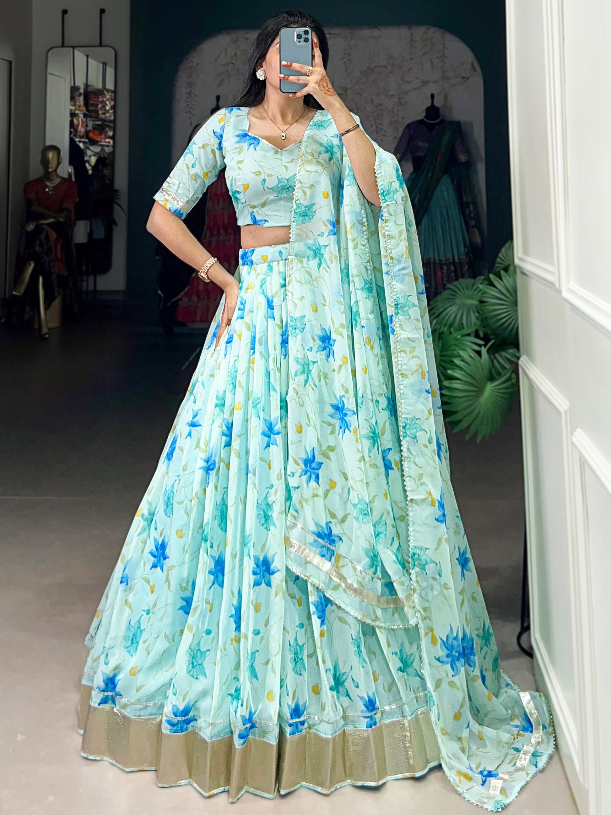 Fantastic Sky Blue Floral Printed Silk Traditional Lehenga Choli With Dupatta