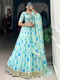 Fantastic Sky Blue Floral Printed Silk Traditional Lehenga Choli With Dupatta