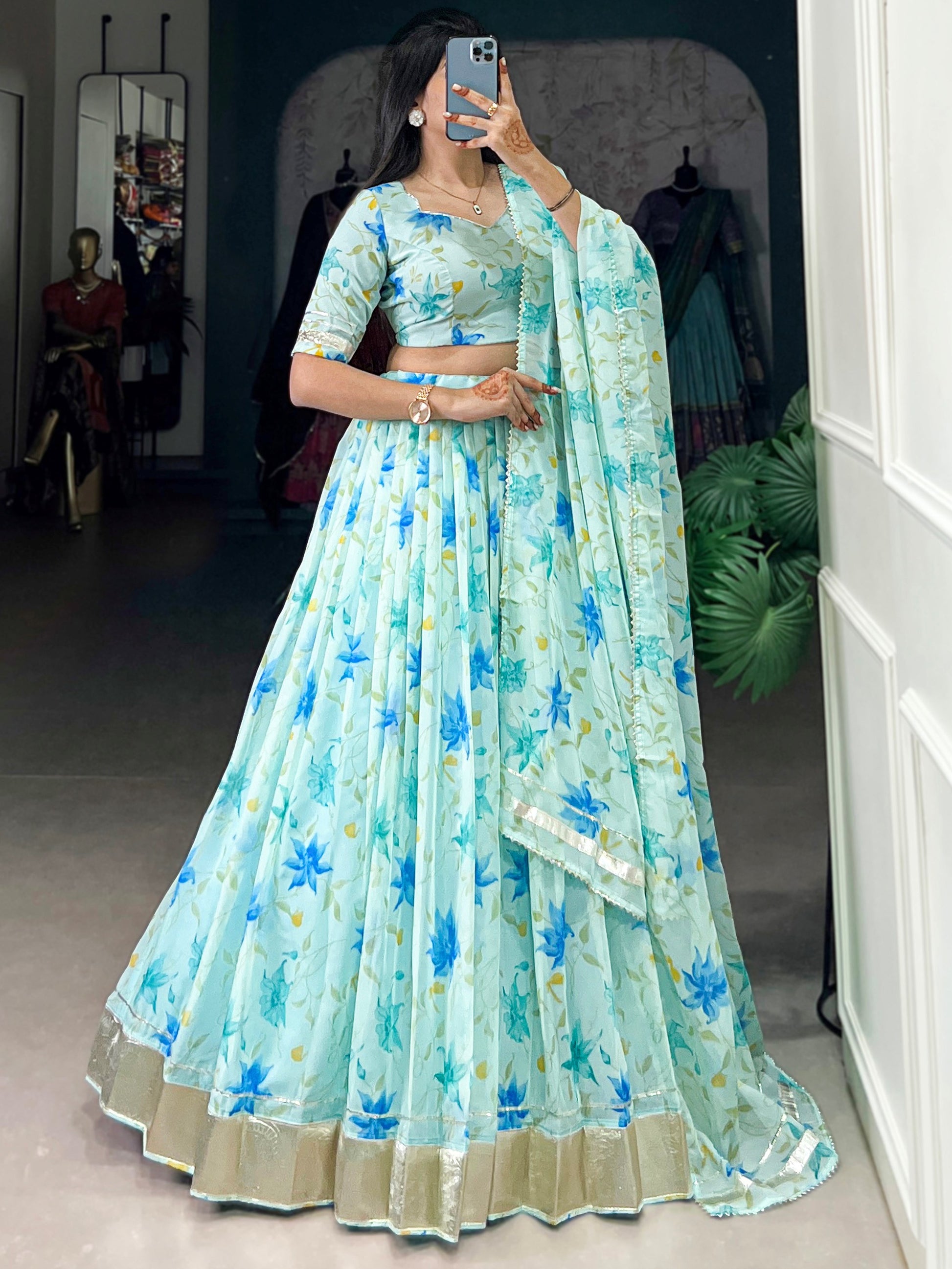 Fantastic Sky Blue Floral Printed Silk Traditional Lehenga Choli With Dupatta