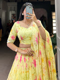 Captivating Yellow Floral Printed Silk Haldi Wear Lehenga Choli With Dupatta