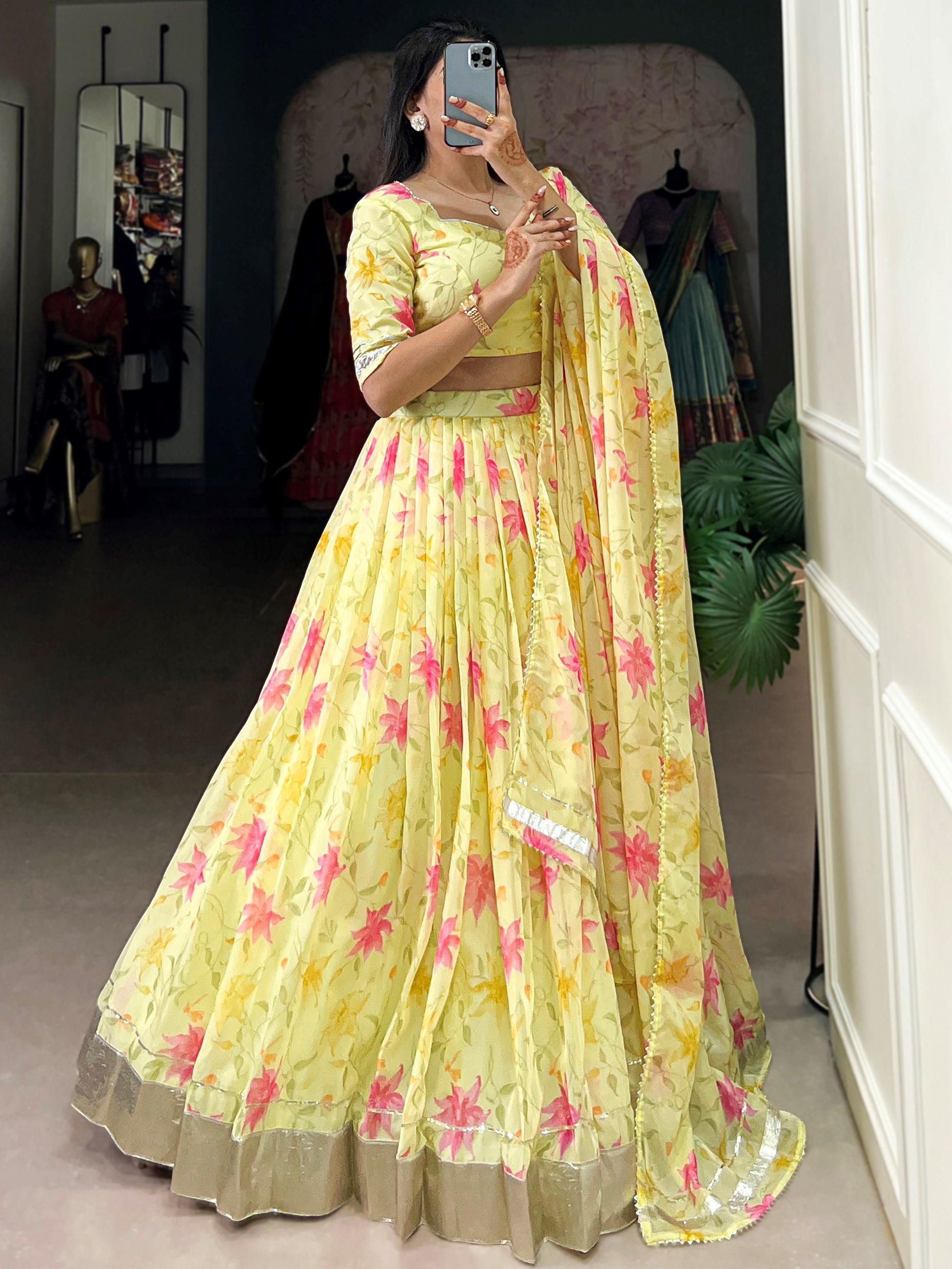 Captivating Yellow Floral Printed Silk Haldi Wear Lehenga Choli With Dupatta