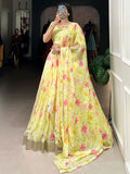 Captivating Yellow Floral Printed Silk Haldi Wear Lehenga Choli With Dupatta
