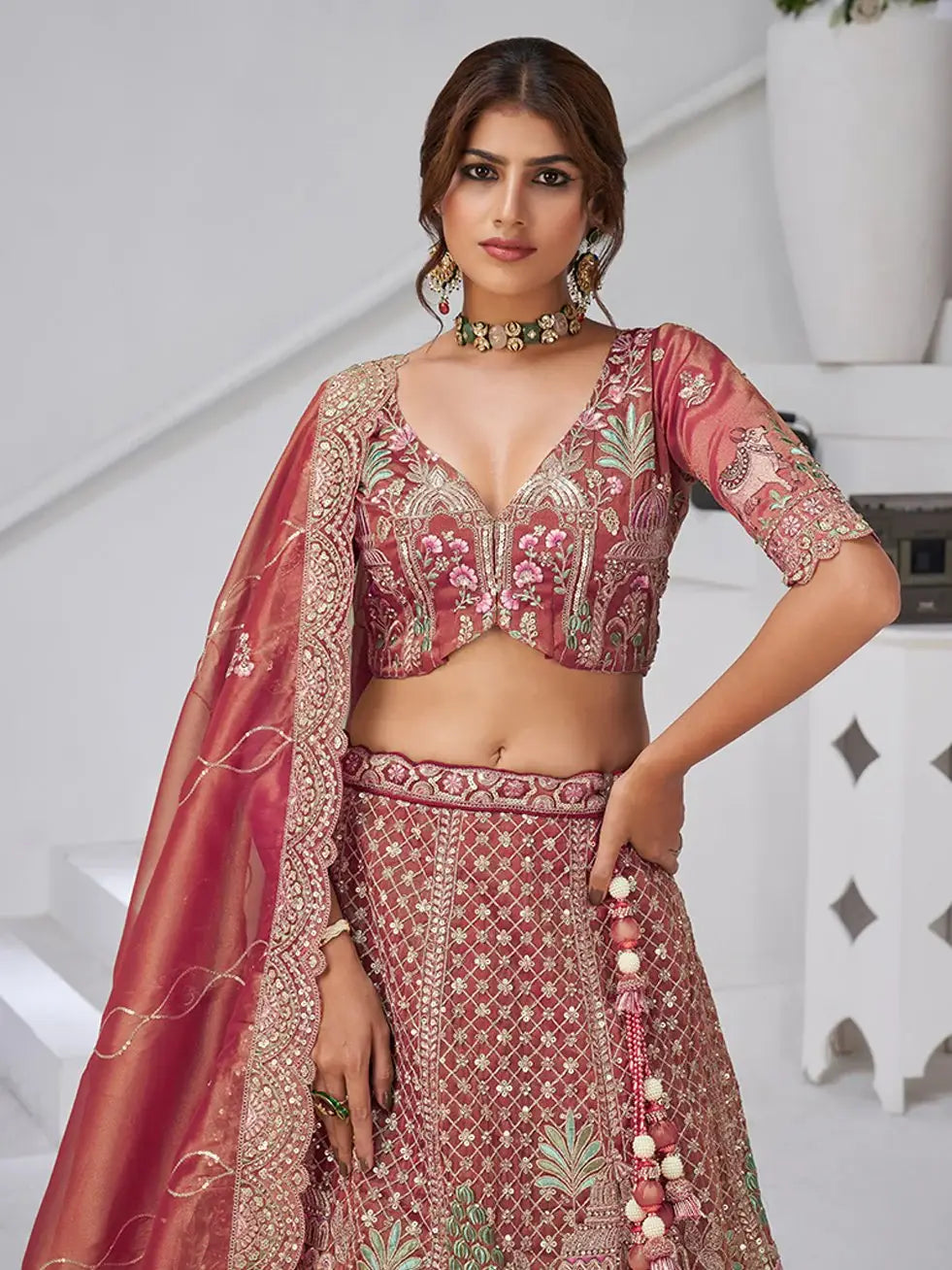 Sensational Pink Thread Work Organza Bridal Lehenga Choli With Dupatta