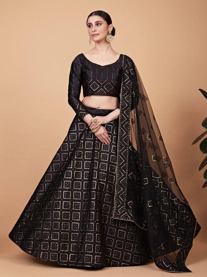 Attractive Black Embroidered Silk Festival Wear Lehenga Choli