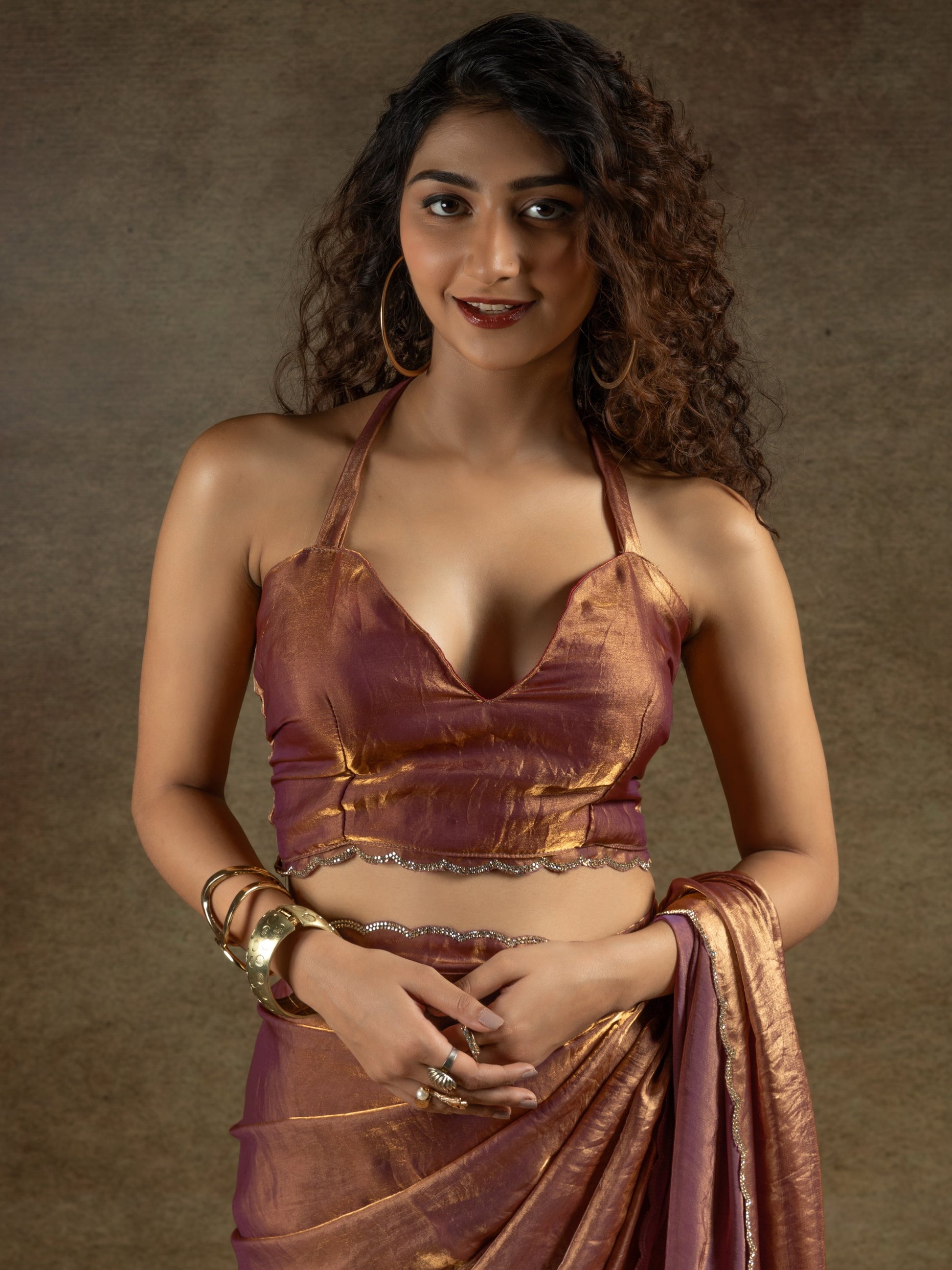 Wonderful Brown Border Work Satin Reception Wear Pre-Stitched Saree