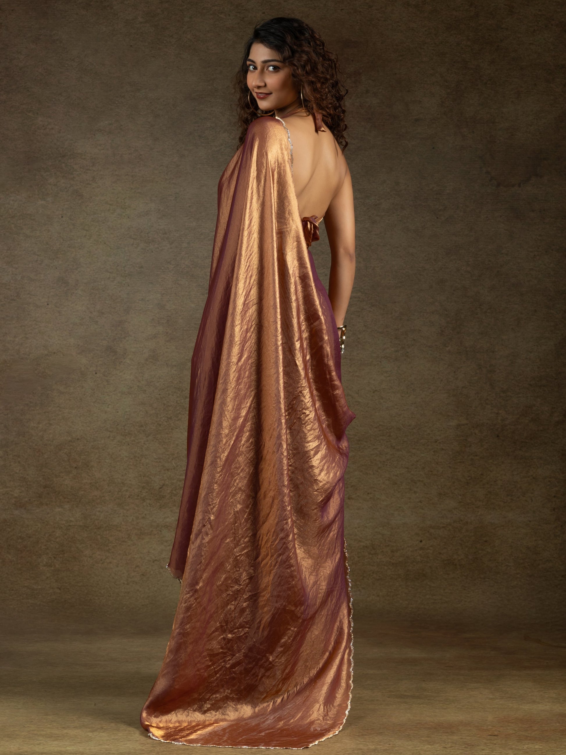 Wonderful Brown Border Work Satin Reception Wear Pre-Stitched Saree
