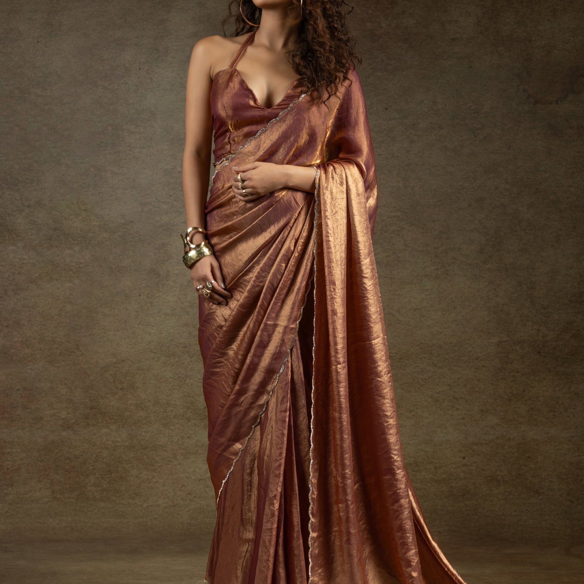 Wonderful Brown Border Work Satin Reception Wear Pre-Stitched Saree