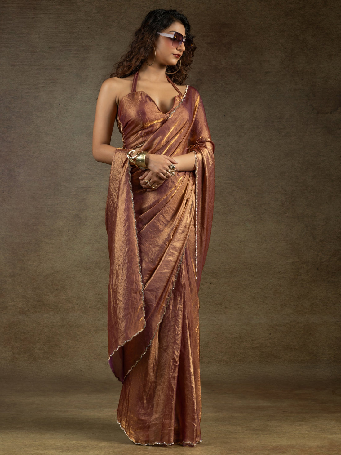 Wonderful Brown Border Work Satin Reception Wear Pre-Stitched Saree