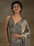 Amazing Grey Border Work Satin Party Wear Pre-Stitched Saree With Blouse