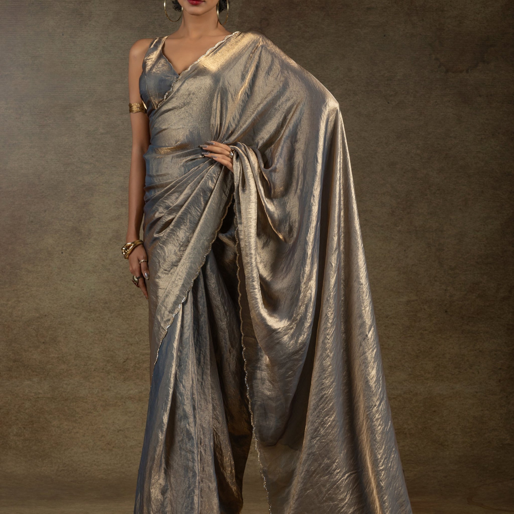 Amazing Grey Border Work Satin Party Wear Pre-Stitched Saree With Blouse