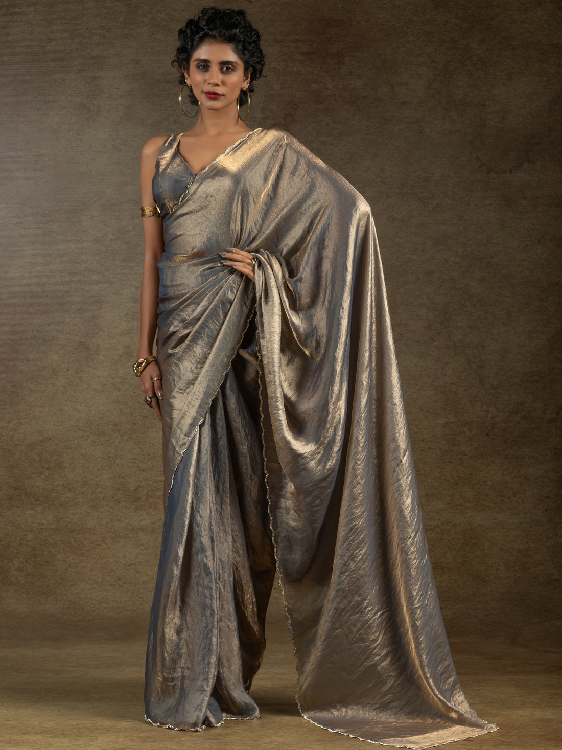 Amazing Grey Border Work Satin Party Wear Pre-Stitched Saree With Blouse