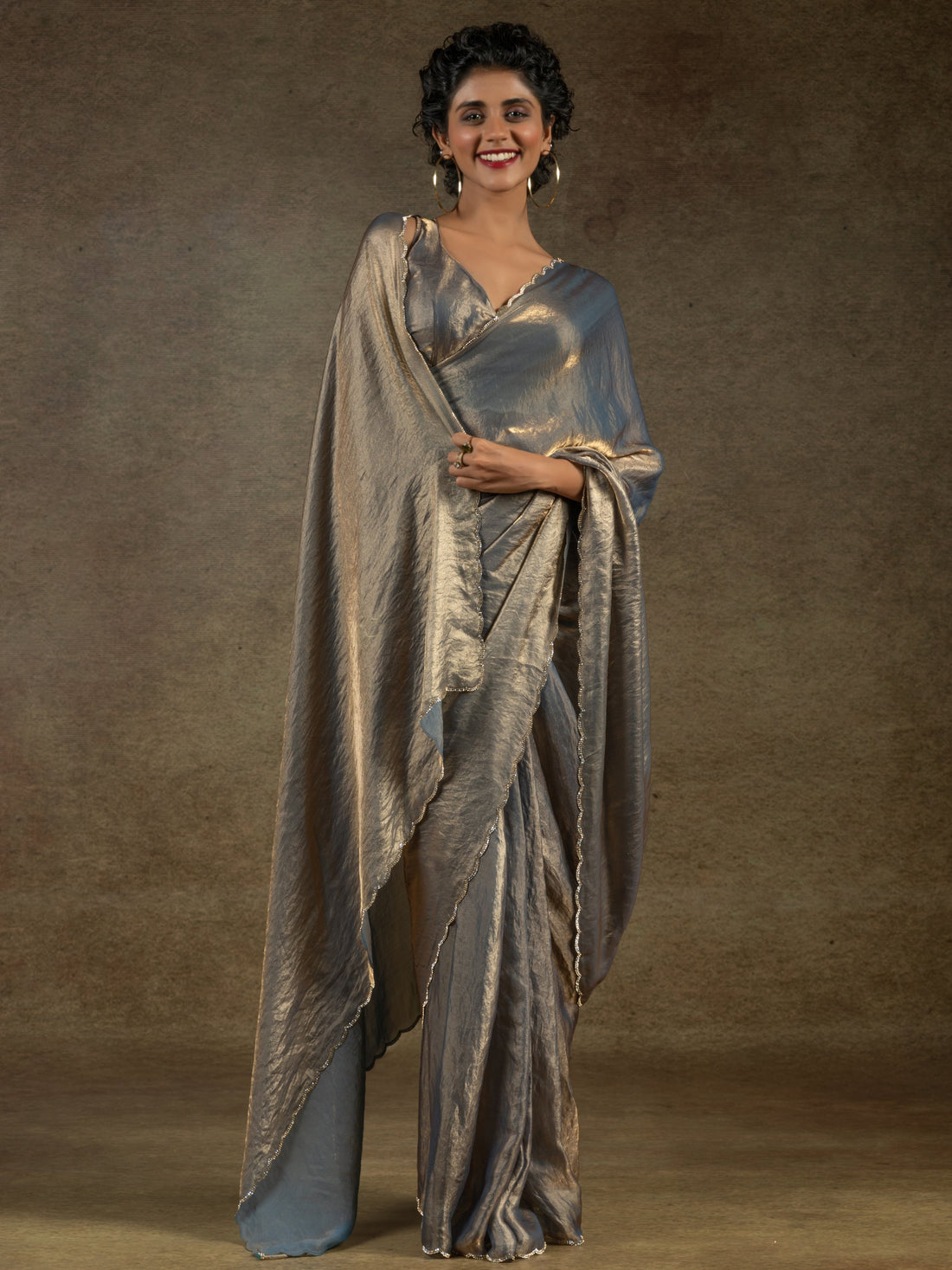 Amazing Grey Border Work Satin Party Wear Pre-Stitched Saree With Blouse