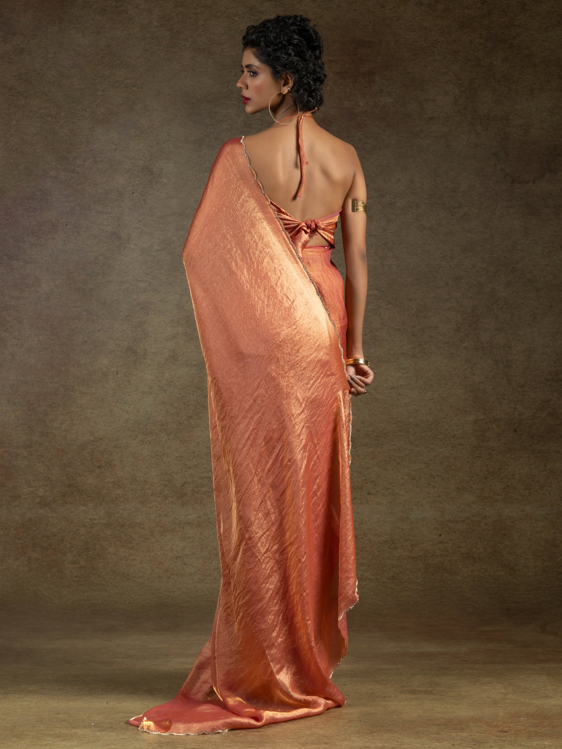 Fabulous Peach Border Work Satin Event Wear Pre-Stitched Saree With Blouse
