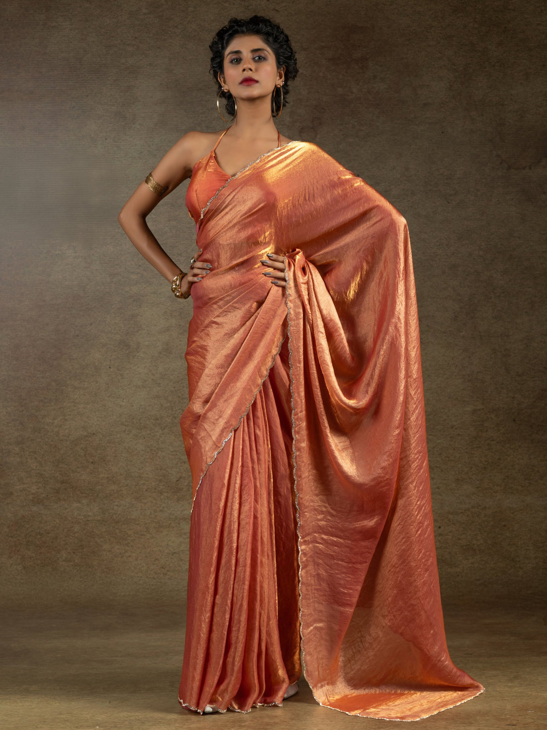 Fabulous Peach Border Work Satin Event Wear Pre-Stitched Saree With Blouse